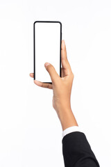 A hand of woman using a black color smartphone with white space for text isolated on white background
