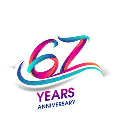 67th anniversary celebration logotype blue and red colored, isolated on white background.