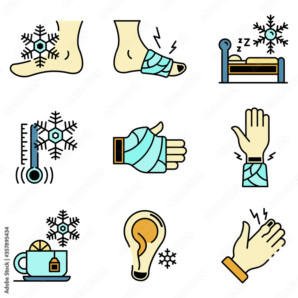 Poster frostbite icons set. outline set of frostbite vector icons thin line color flat isolated on white
