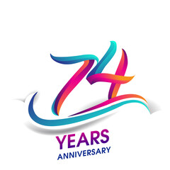 74th anniversary celebration logotype blue and red colored, isolated on white background.