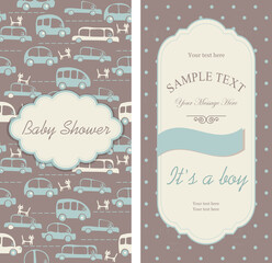 Editable template for a birthday card with car pattern. Baby shower invitation 