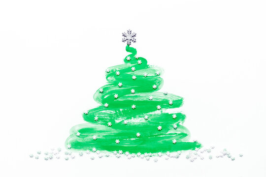 Christmas tree hand draw with sugar snowflakes isolated on white background