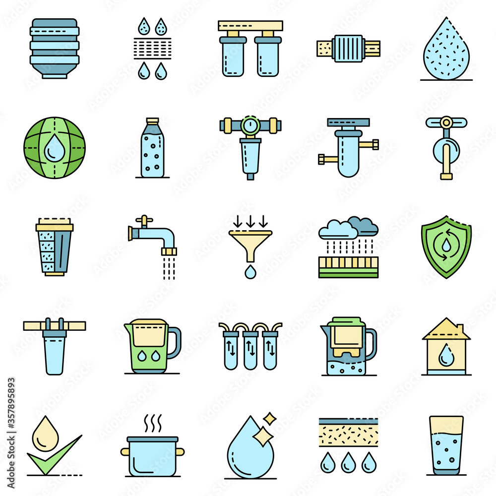 Poster filter water icons set. outline set of filter water vector icons thin line color flat isolated on wh