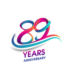 89th anniversary celebration logotype blue and red colored, isolated on white background.