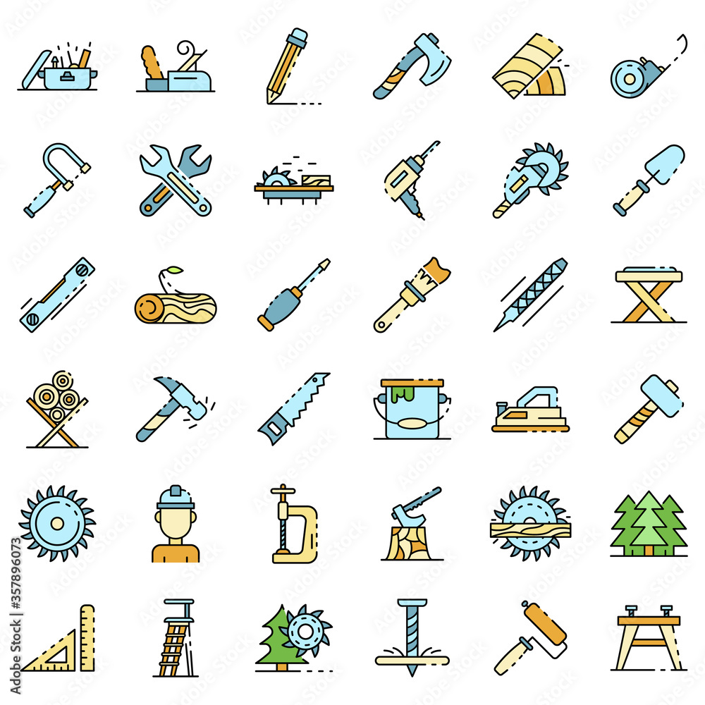 Poster carpenter icons set. outline set of carpenter vector icons thin line color flat isolated on white
