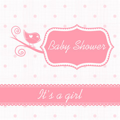 Vector watercolor pink sticker set It's a girl. Calligraphy lettering Baby shower. element for invitation design. Editable template for a birthday card with polka dot pattern. 