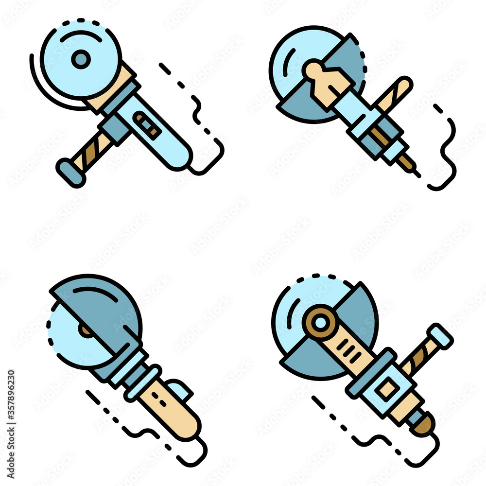 Poster angle grinder icons set. outline set of angle grinder vector icons thin line color flat isolated on 