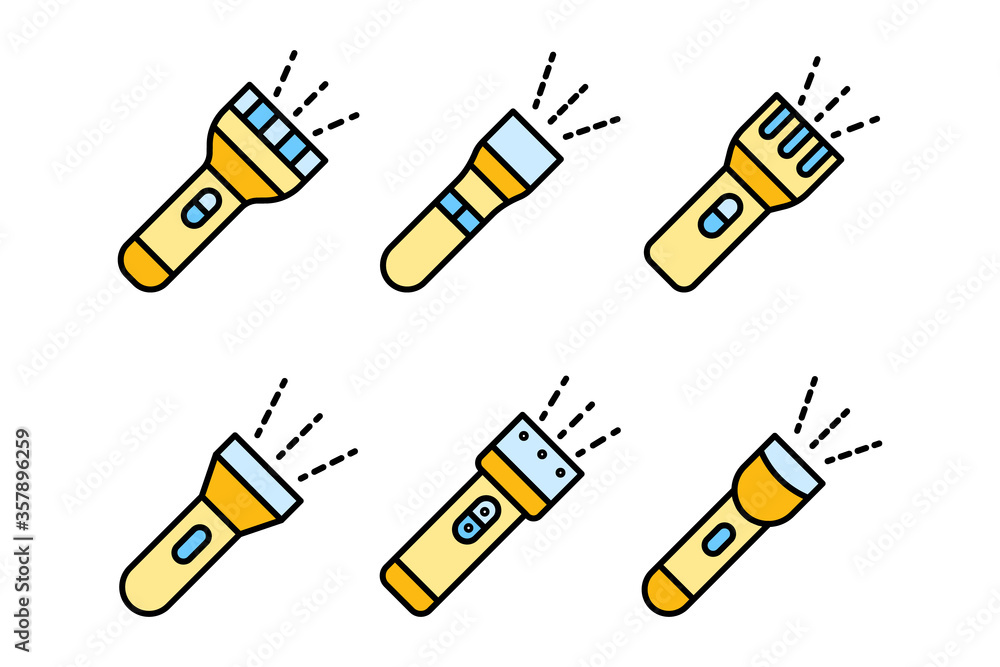 Poster flashlight icons set. outline set of flashlight vector icons thin line color flat isolated on white