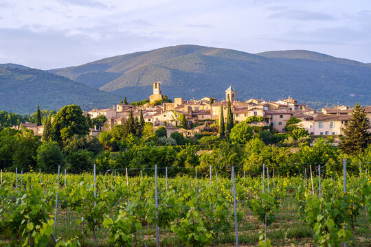 Vue panoramique sur le village Lourmarin, massif du Luberon en arri&egrave;re plan. Des vignes au printemps. France. 