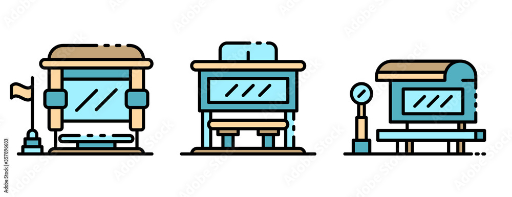 Poster bus stop icons set. outline set of bus stop vector icons thin line color flat isolated on white