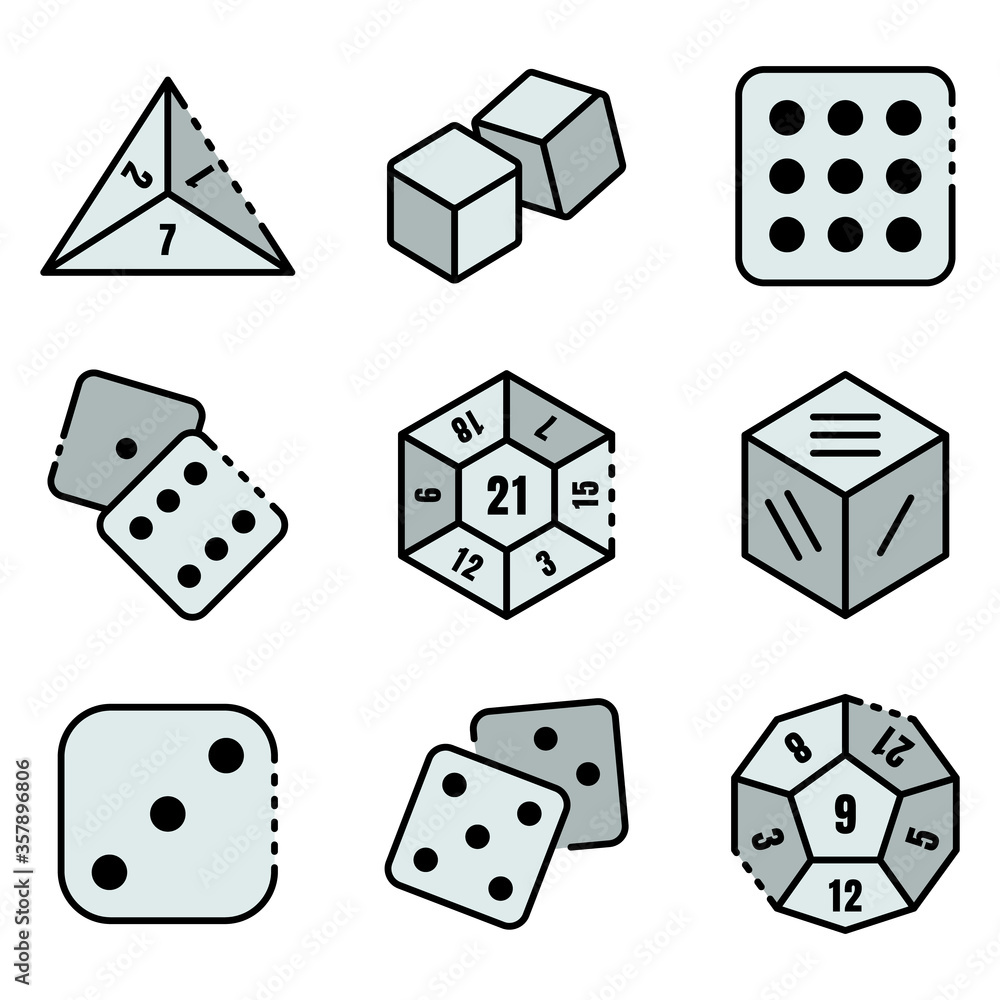 Poster dice icons set. outline set of dice vector icons thin line color flat isolated on white