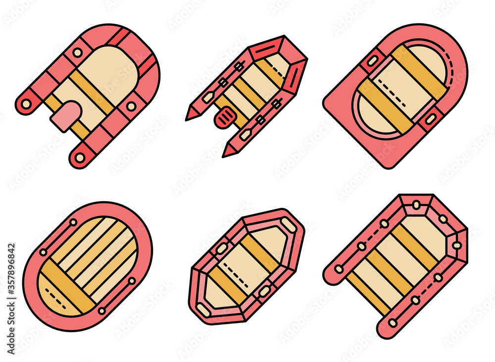 Poster inflatable boat icons set. outline set of inflatable boat vector icons thin line color flat isolated
