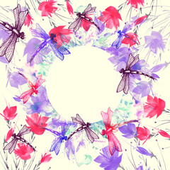 Watercolor bouquet of flowers, Multicolored, colorful dragonfly Beautiful abstract splash of paint, fashion illustration.Orchid flowers, poppy, cornflower, peony, rose, field or garden flowers. 