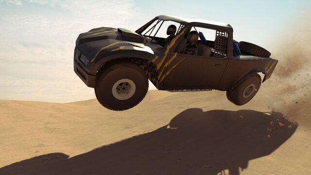 Trophy Truck in desert. Render 3d. Illustration.