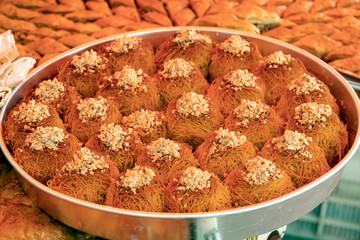 Sweet pastries on market stall in izmir traditional local market.