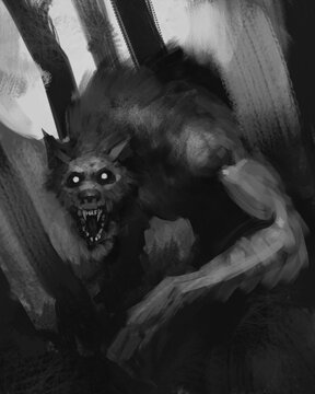 Digital black and white painting of a werewolf creature in a wooded environment snarling at the camera - digital fantasy illustration