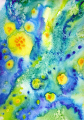 Fototapeta na wymiar Abstract painting flowers, splashes and stains in yellow-green tones, print for paintings, posters and other designs.