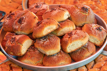 Sweet pastries on market stall in izmir traditional local market.