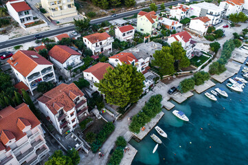 Drone view of houses by the sea