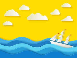 Fototapeta na wymiar Sunny summer day. Sea background in paper style. A paper ship on the waves. Vector illustrations.