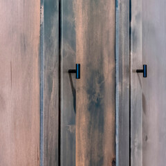 Square crop Close up of dark brown wooden doors of a cabinet with black handles