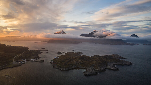 Midnight sun in lofoten island, norway. famous touristic destination. Perfect area for summer vacation. 