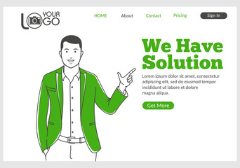 We have Solution landing page in thin line style. Young smiling man finger pointing at text. Software development for business, assistance and consultation. Digital technology and innovations.