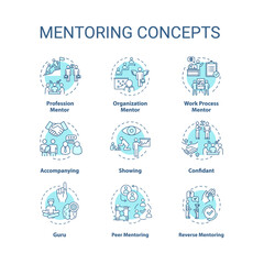 Fototapeta na wymiar Mentoring concept icons set. Personal and professional growth idea thin line RGB color illustrations. Skills development help, knowledge sharing. Vector isolated outline drawings. Editable stroke