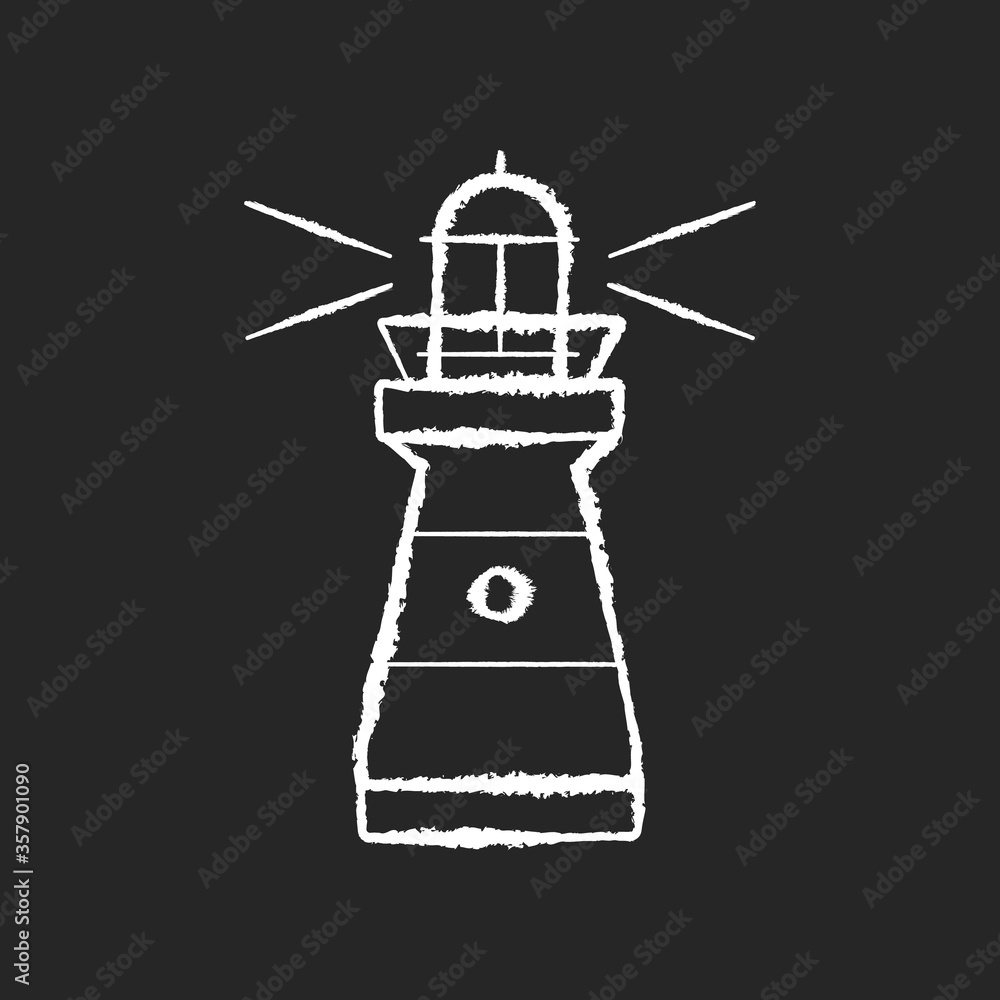 Sticker Lighthouse chalk white icon on black background. Traditional maritime navigational landmark. Warning sign for sailors. Tall building with bright searchlight isolated vector chalkboard illustration