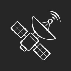 Space satellite chalk white icon on black background. Cosmos exploration, modern telecommunication, aerospace industry. Orbital sputnik transmitting data. Isolated vector chalkboard illustration