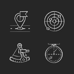 Navigation chalk white icons set on black background. Navigation in sea, sky and on land. GPS location, astronomical sextant, marine and aeronautical radar. Isolated vector chalkboard illustrations
