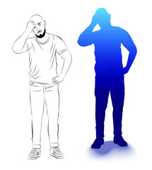 Silhouette and sketch of the figure of a thinking man. Isolated image of a man. Man standing with raised hand.