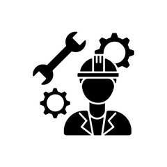 Mechanical engineer black glyph icon. Professional repairman. Technician to work in facility on managing heavy machinery. Silhouette symbol on white space. Vector isolated illustration