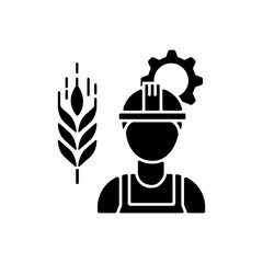 Agricultural engineer black glyph icon. Manufacturing worker to work in agribusiness. Gemitation job professional. Farmer worker. Silhouette symbol on white space. Vector isolated illustration