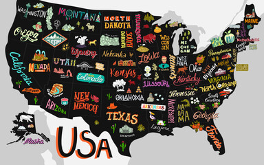 Illustrated map of the USA. Poster with states and attractions of America.