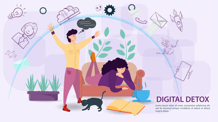Digital detoxification banner concept for web and mobile sites a Man protects a girl lying on the sofa with an aura shield from a large amount of unnecessary information flat vector illustration