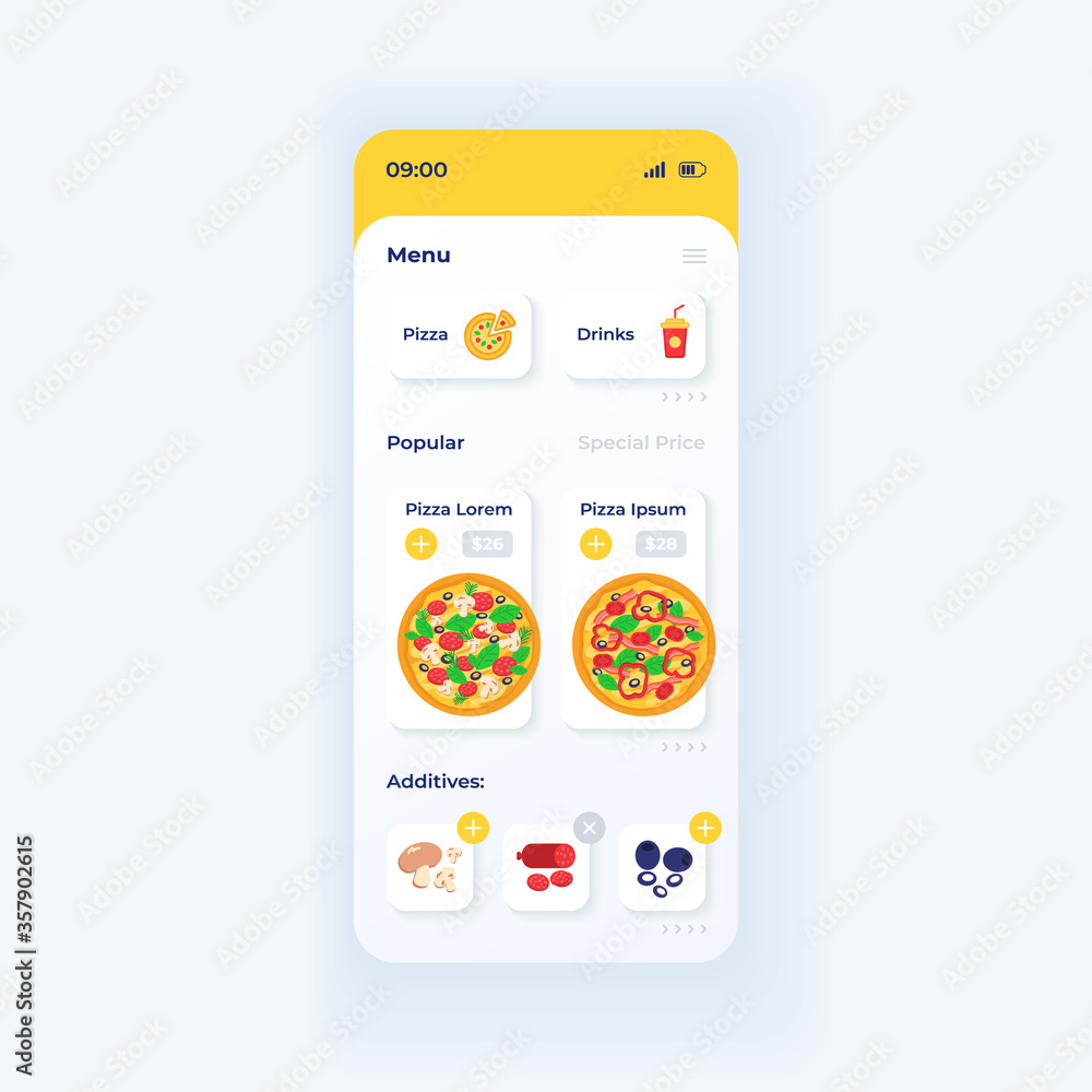 Poster pizza ordering app smartphone interface vector template. mobile app page light theme design layout. 