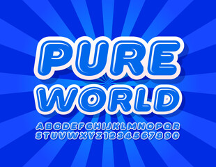 Vector eco sign Pure World with Blue modern Font. Alphabet Letters and Numbers with Gloss