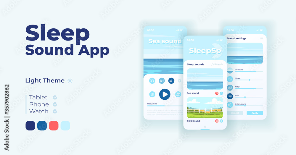 Poster relaxing music app cartoon smartphone interface vector templates set. mobile app screen page light m