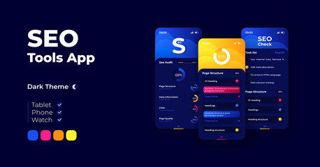 Seo tools cartoon smartphone interface vector templates set. Mobile app screen page night mode design. Seo audit analytic statistic UI for application. Phone display with flat character