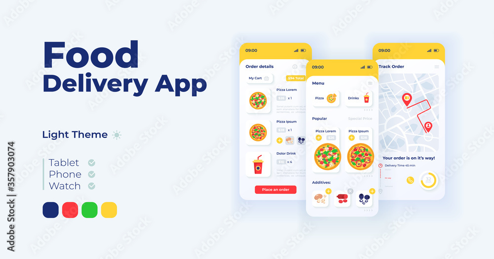 Poster food delivery cartoon smartphone interface vector templates set. mobile app screen page light mode d