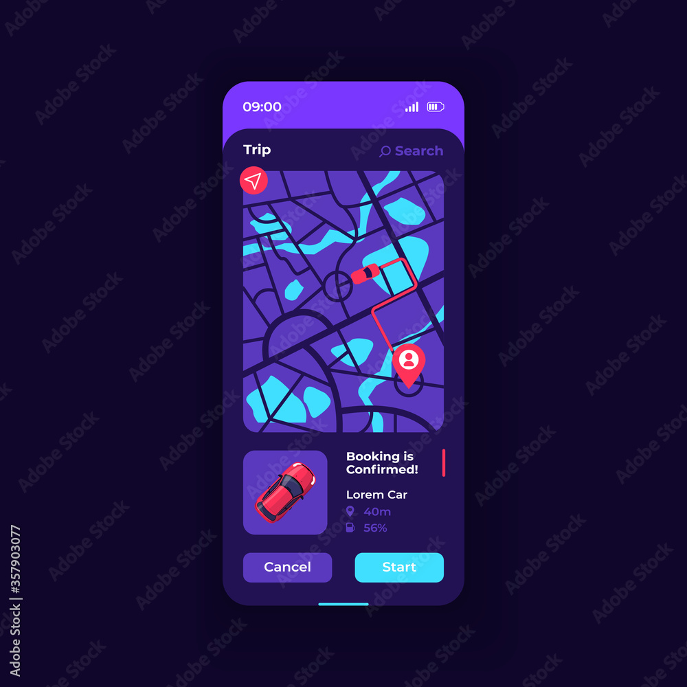 Poster trip route smartphone interface vector template. mobile app page dark blue design layout. car sharin