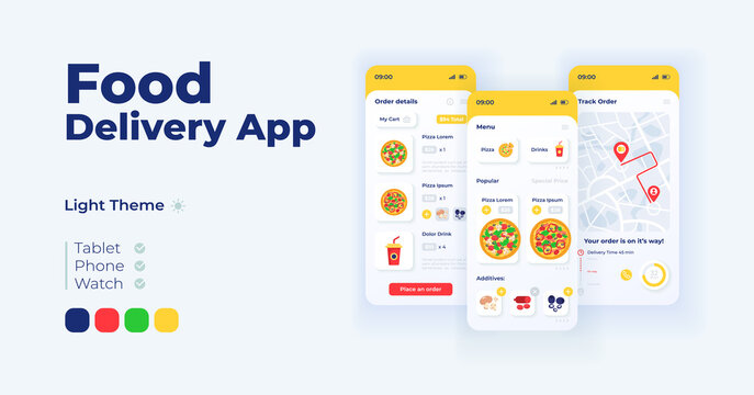 Food delivery cartoon smartphone interface vector templates set. Mobile app screen page light mode design. Order details and delivery tracking UI for application. Phone display with flat illustration