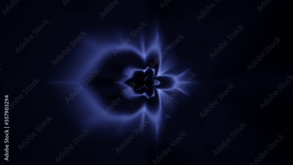Poster 3d rendering of a patterned shape made of purple light on a black background
