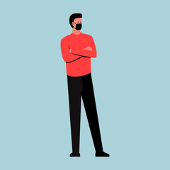 Vector illustration of a standing man wearing a mask. Stylish young man standing with arms crossed wearing face mask