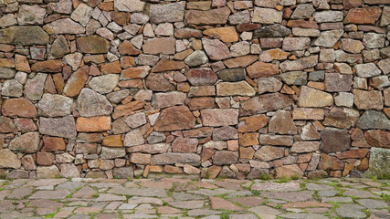 red stone wall textured and stone floor background
