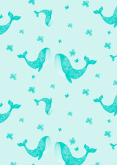 Watercolor pattern with turquoise cartoon whales,baby shower print