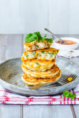 Prawn and sweetcorn fritters with sweet chilli sauce
