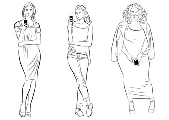 A sketch of girls with phones. Vector illustration of women. Image of People.