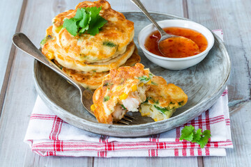 Prawn and sweetcorn fritters with sweet chilli sauce